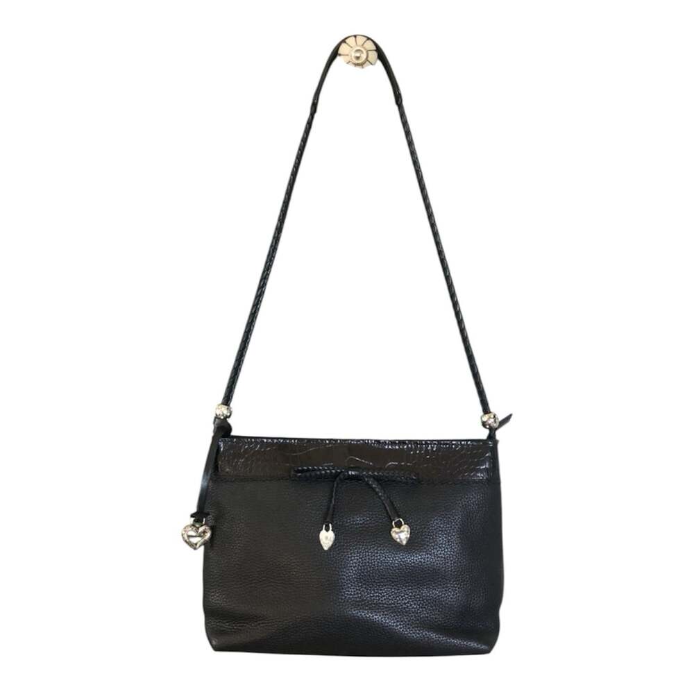 Brighton Vintage Black Leather Shoulder Bag Croc Trim Silver Heart Accent Y2K